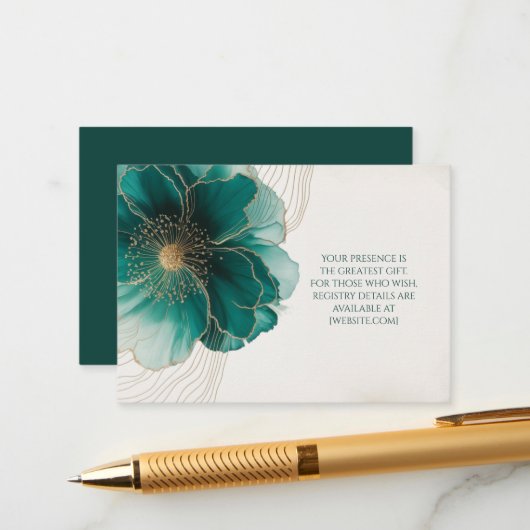 Details Teal Floral Gold Wedding エンクロージャーカード (正面/裏面インサイチュ)