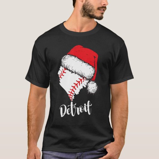 Detroit Baseball Heart Santa Hat Merry Xmas Tシャツ (正面)