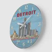 Detroit Michigan Skyline Vintage Travel Poster ラージ壁時計 (傾斜)
