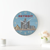 Detroit Michigan Skyline Vintage Travel Poster ラージ壁時計 (ホーム)