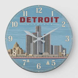 Detroit Michigan Skyline Vintage Travel Poster ラージ壁時計
