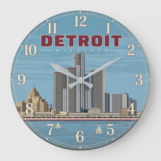 Detroit Michigan Skyline Vintage Travel Poster ラージ壁時計 (正面)