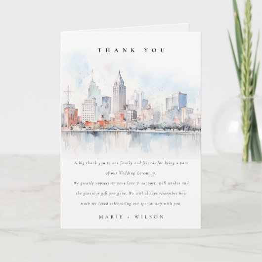Detroit Michigan Watercolor Landscape Wedding サンキューカード (正面)