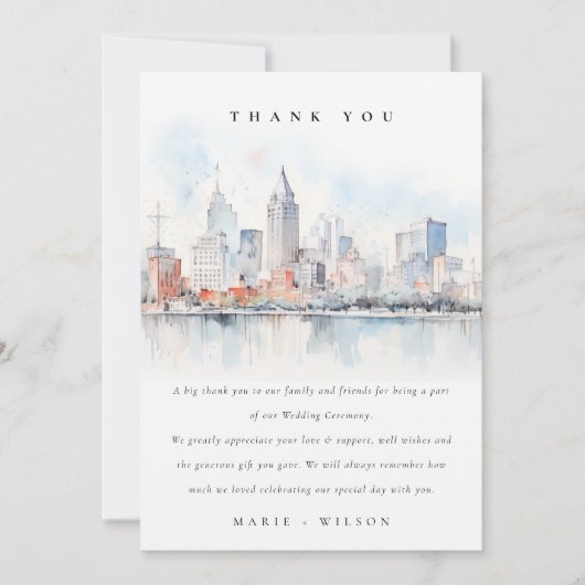 Detroit Michigan Watercolor Landscape Wedding サンキューカード (正面)