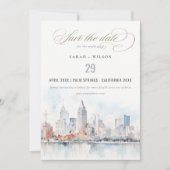 Detroit Michigan Watercolor Scape Photo Wedding セーブザデート (正面)