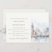 Detroit Michigan Watercolor Scape Rehearsal Dinner 招待状 (正面/裏面)