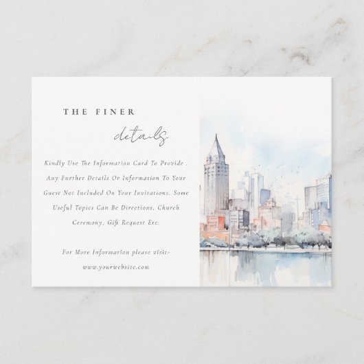 Detroit Michigan Watercolor Scape Wedding Details エンクロージャーカード (正面)