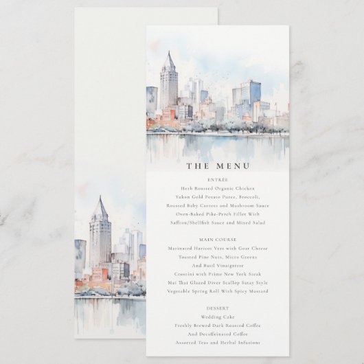 Detroit Michigan Watercolor Scape Wedding Menu 招待状 (正面/裏面)