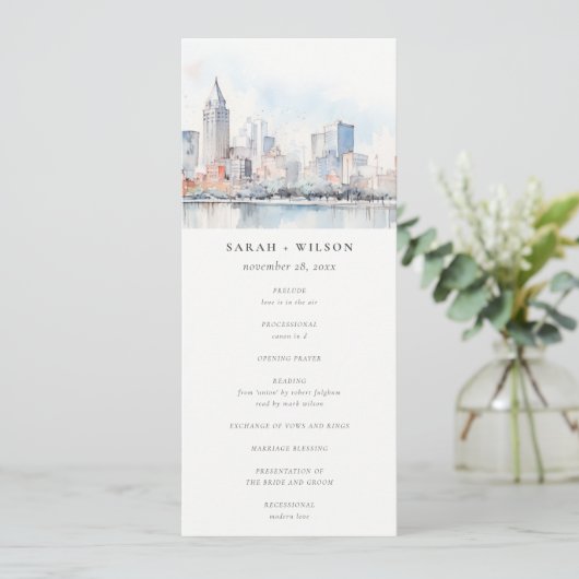 Detroit Michigan Watercolor Scape Wedding Program 招待状 (スタンド正面)