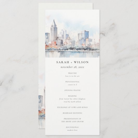 Detroit Michigan Watercolor Scape Wedding Program 招待状 (正面/裏面)