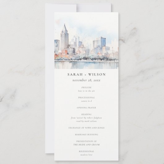 Detroit Michigan Watercolor Scape Wedding Program 招待状 (正面)