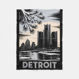Detroit Skyline Black and White Woodcut Winter フリースブランケット