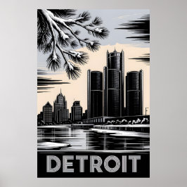 Detroit Skyline Black and White Woodcut Winter ポスター