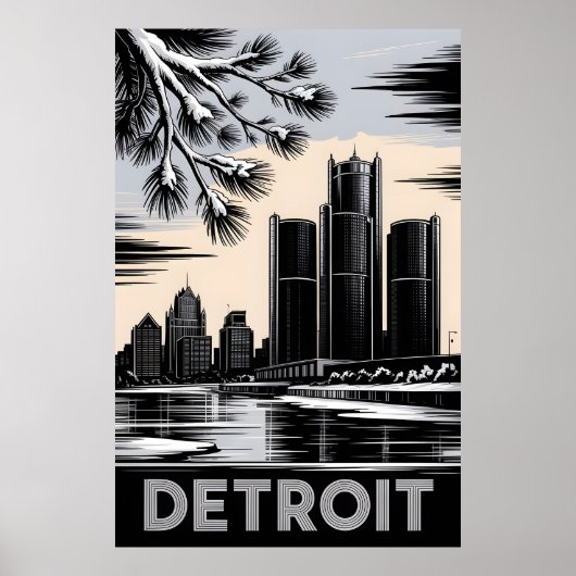 Detroit Skyline Black and White Woodcut Winter ポスター (正面)