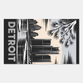 Detroit Skyline Black and White Woodcut Winter 長方形シール