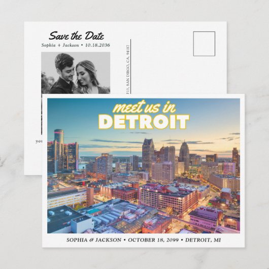 Detroit Wedding Save the Date Skyline Postcard ポストカード (正面/裏面)