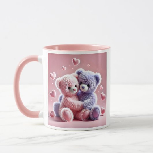 Deux oursons en peluche qui se font un câlin. マグカップ (左)
