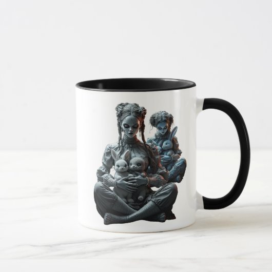 Deux poupées câlinent leurs doux lapins. マグカップ (右)