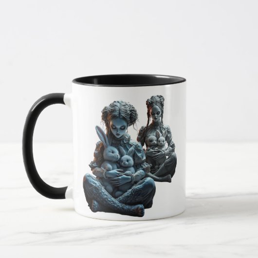 Deux poupées câlinent leurs lapins. マグカップ (左)