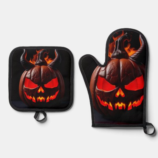 Devil Pumpkin Crown Halloween Mitt Set 鍋つかみ&鍋敷きセット (正面)