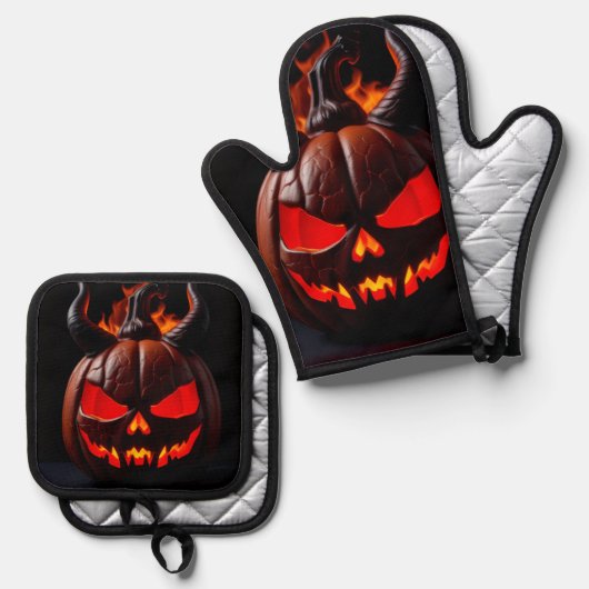 Devil Pumpkin Crown Halloween Mitt Set 鍋つかみ&鍋敷きセット (正面/裏面)