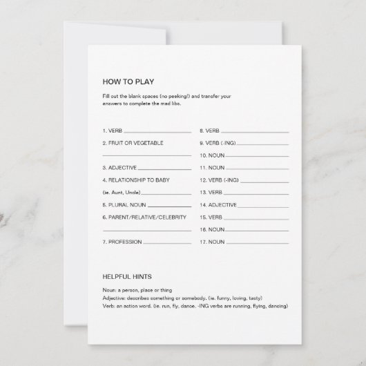 DEVON Greenery Baby Shower Libsゲームカード 招待状 (裏面)