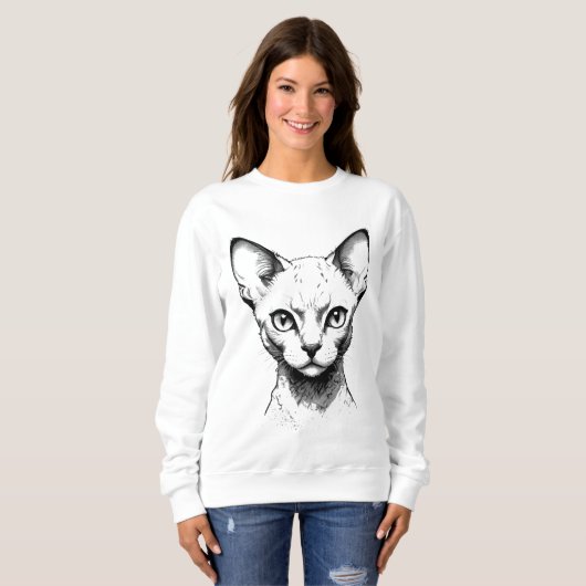 Devon Rex Cat Sketch Women's Sweater スウェットシャツ (正面フル)