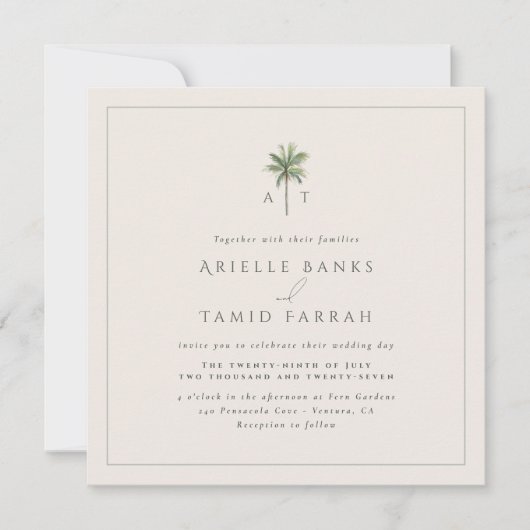 Devonportモノグラムモダンウォーターカラーパーム結婚ズ 招待状 (正面)