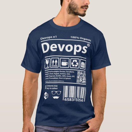 Devopsバーコードプログラミングコンピュータのソースコード Tシャツ (正面)