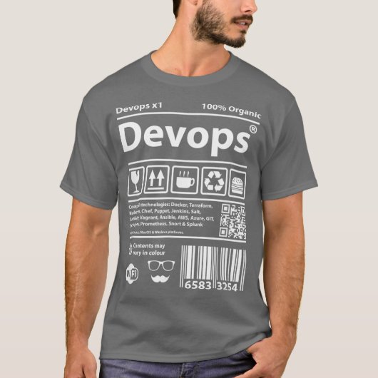 Devops Barcodeプログラミングコンピュータのソースコード Tシャツ (正面)