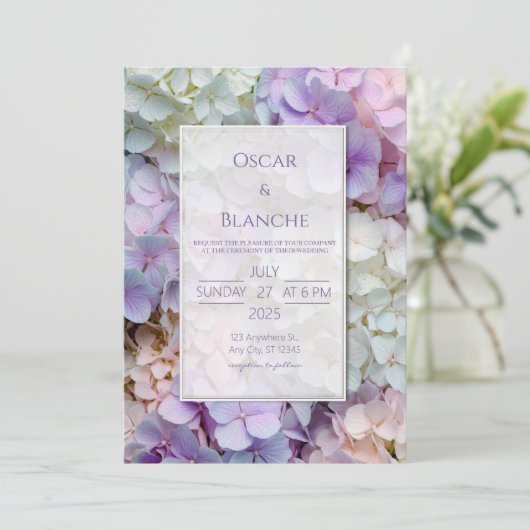 Dewy Pastel Botanical Hydrangea Frame Wedding 招待状 (スタンド正面)