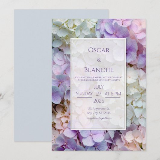 Dewy Pastel Botanical Hydrangea Frame Wedding 招待状 (正面/裏面)