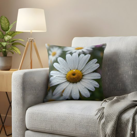 Dewy Whiteデイジー花閉じる自然写真 クッション