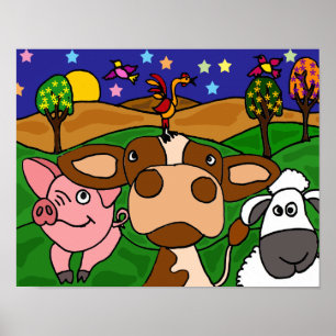 DH-フォークおもしろいアート納屋周囲の庭動物ポスター ポスター