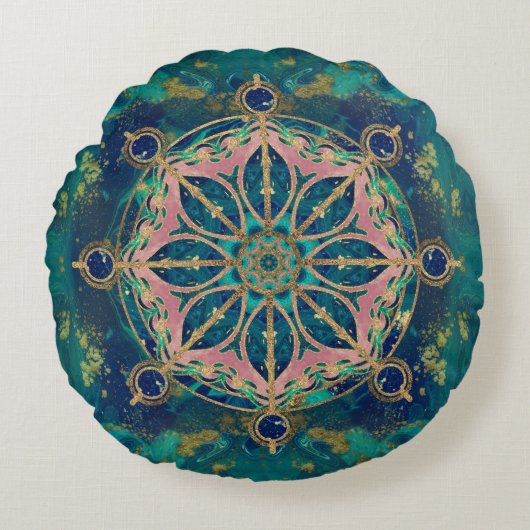 Dharmaの車輪- Dharmachakraの宝石用原石及び金ゴールド ラウンドクッション (正面)