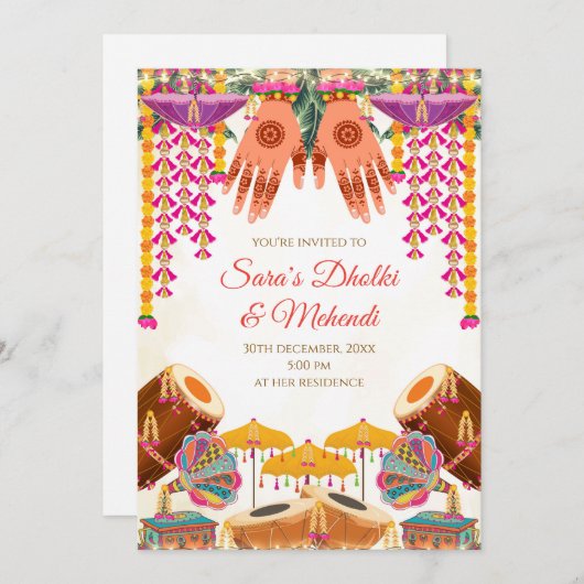 Dholki invitations Digital Mehndi invite, Digital 招待状 (正面/裏面)