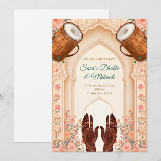 Dholki invites Mehndi invitations, Mehendi cards 招待状 (正面/裏面)