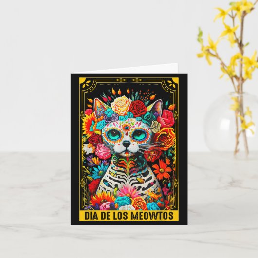 Dia De Los Meowtos Sugar Skull Cat Gift カード (黄色い花)