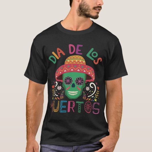 Dia De Los MuertosカラフルスカルとSombTシャツ Tシャツ (正面)