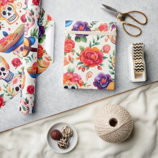 Dia de los Muertosシンボルパターン ラッピングペーパー (クラフト)