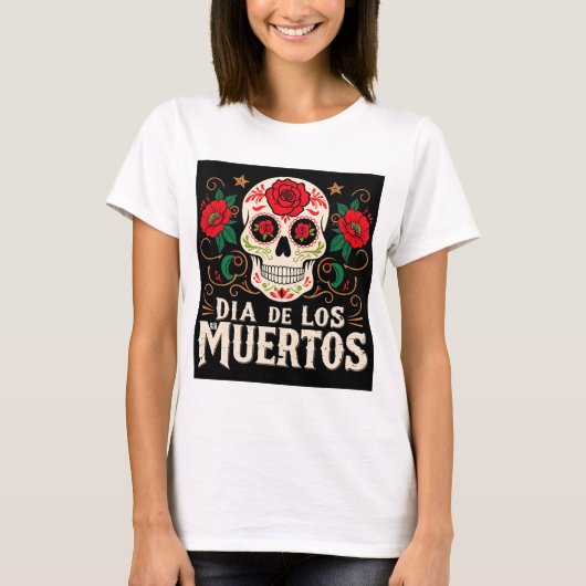 Dia de los muertosスカルと花 tシャツ (正面)