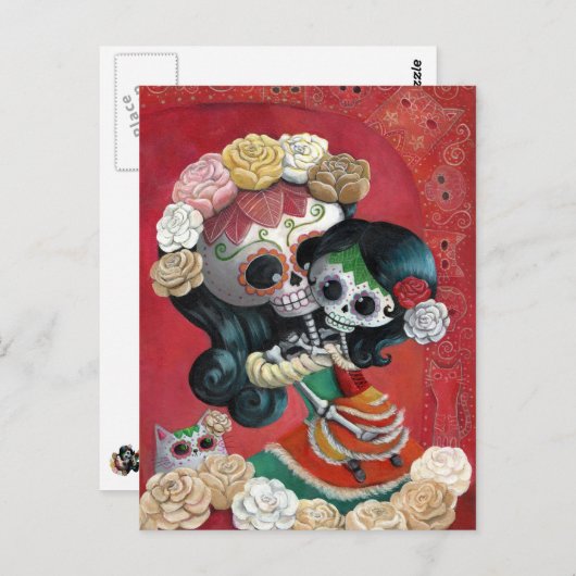 Dia de Los Muertosスケルトン母と娘 ポストカード (正面/裏面)