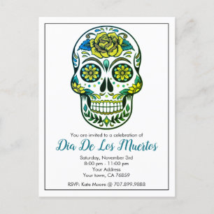 Dia De Los Muertos砂糖スカルと花 インビテーションポストカード