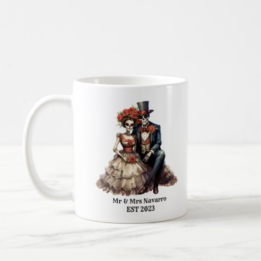 Dia de los Muertos結婚氏とMrs. Sugarスカル コーヒーマグカップ (左)