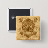 Dia de los muertos -- セピア色の砂糖のスカルボタン 缶バッジ (正面&裏面)