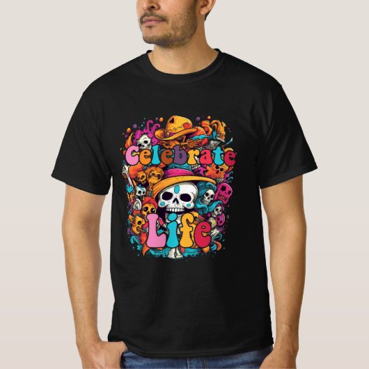 Dia De Los Muertos、ライフ祝 Tシャツ (正面)