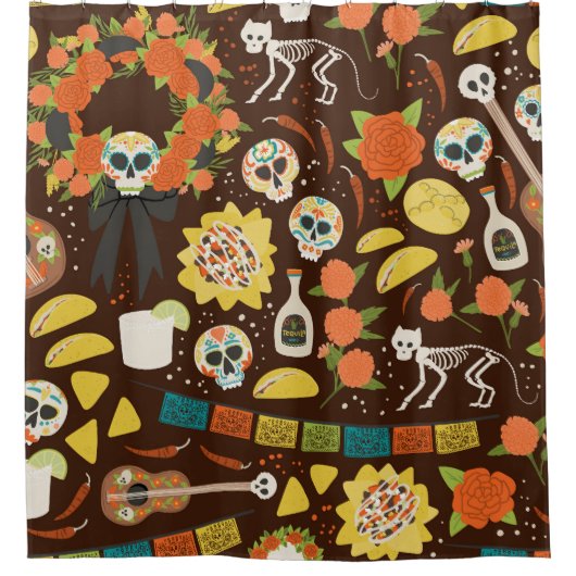 Dia De Los Muertos、漫画のパターン。 シャワーカーテン (正面)