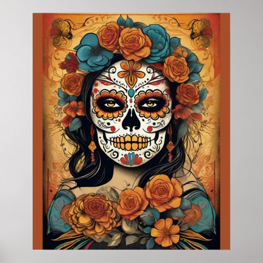 Dia de los Muertos Art:フローラ砂糖スカルメイクアップ ポスター