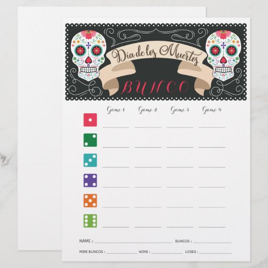 Dia De Los Muertos Buncoゲームスコアカード (正面/裏面)