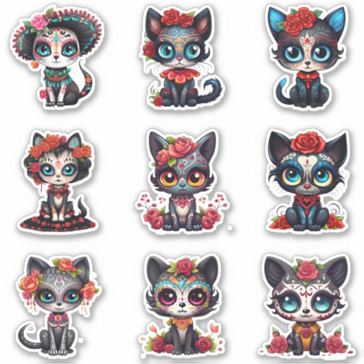 Dia de Los Muertos Cat Stickers - Set of 9 シール (正面)